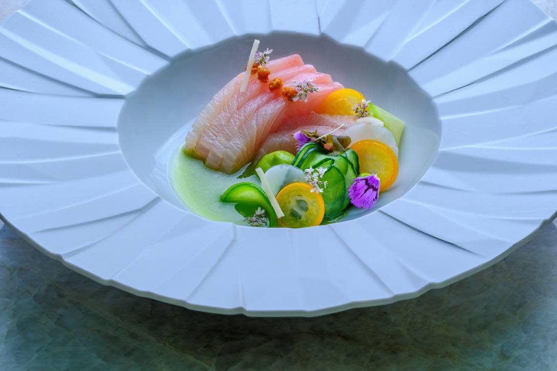 Aged kingfish crudo at Elastika restaurant in Miami’s Design District. Todd Coleman/Courtesy of WoodHouse