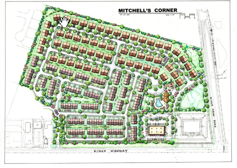 A stylized site plan for Mitchell's Corner, a mixed-use development with an office, duplexes and townhomes at Gills Neck Road and Kings Highway.