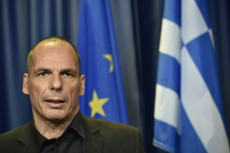 Greek Finance Minister Yanis Varoufakis gives a press conference during a Eurogroup meeting at the EU headquarters in Brussels on June 27, 2015