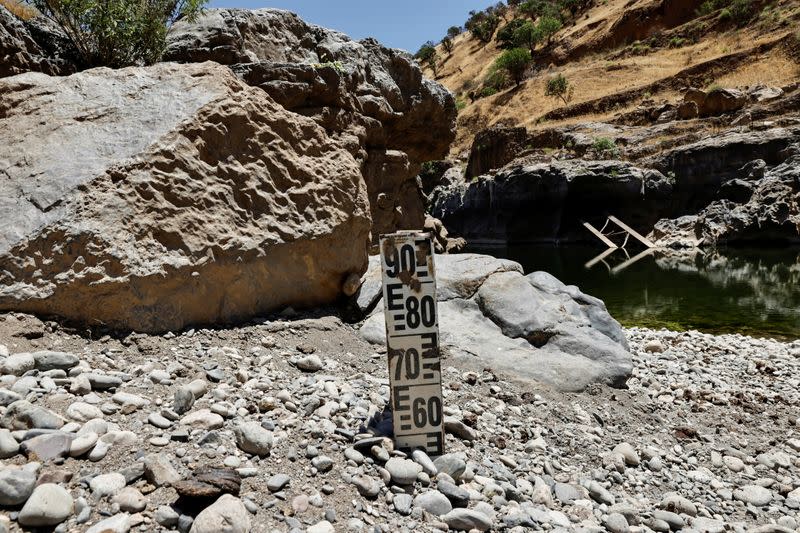 A view of the riverbed, dotted with measuring poles indicating water levels, at the Sirwan River on the outskirts of Halabja