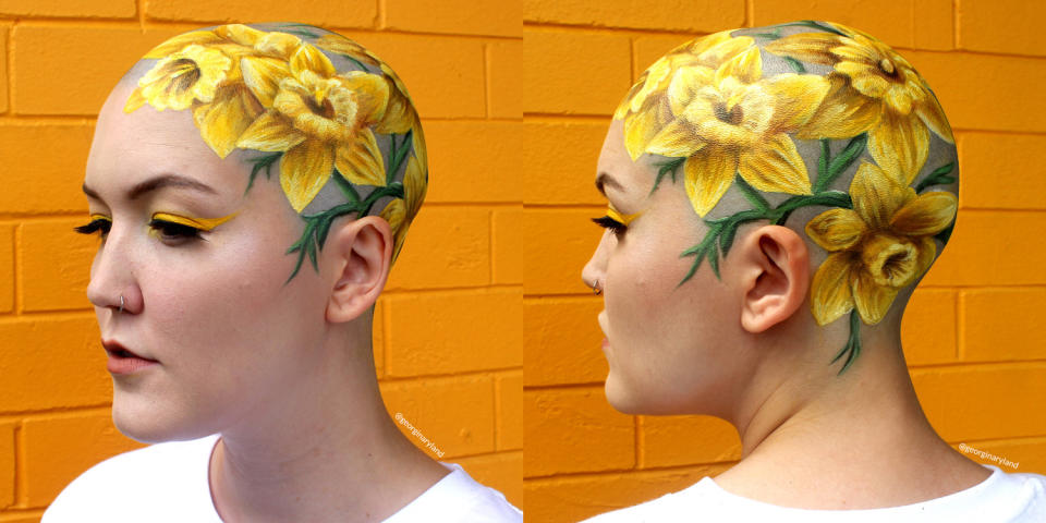 Georgia Ryland created a work of art on her friend’s bald head. (Photo: Instagram/Georgina Ryland)