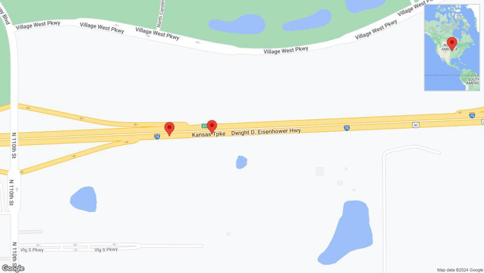 Un mapa detallado que muestra la carretera afectada debido a 'Se informó un accidente en la I-70 en dirección este' el 8 de julio a las 6:50 p.m.
