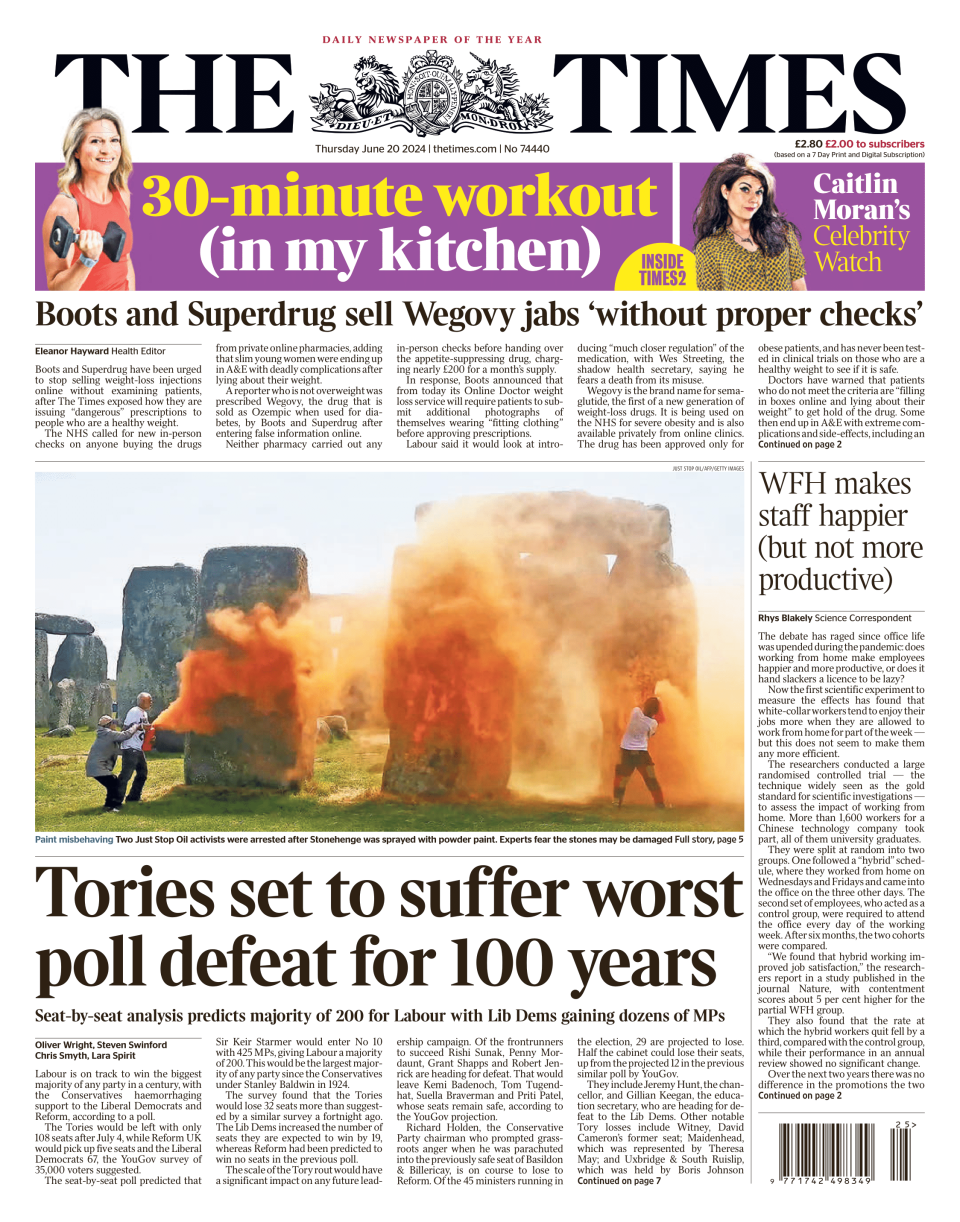 The front page of the Times, whose headline reads "Tories set to suffer worst poll defeat for 100 years"