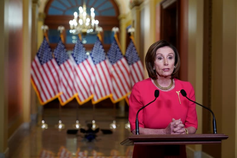 U.S. House Speaker Nancy Pelosi makes statement about coronavirus economic relief on Capitol Hill in Washington