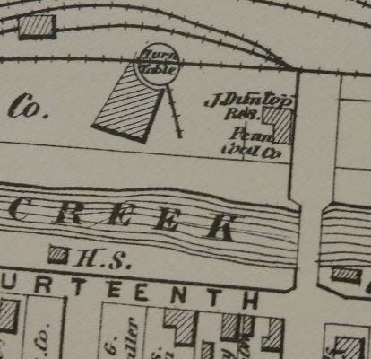 1872 HAWLEY MAP  -This is a close-up of the 1872 Hawley street map, showing the railroad roundhouse, near where the Hawley Fire Station is found today on Columbus Avenue. Middle Creek is shown, and the bridge leading to the intersection of Main Avenue and River Street (then, 18th and 14th).