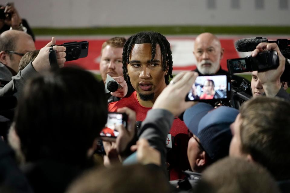Ohio State Buckeyes quarterback C.J. Stroud talks to media following Ohio State football’s pro day at the Woody Hayes Athletic Center in Columbus on March 22, 2023. 
