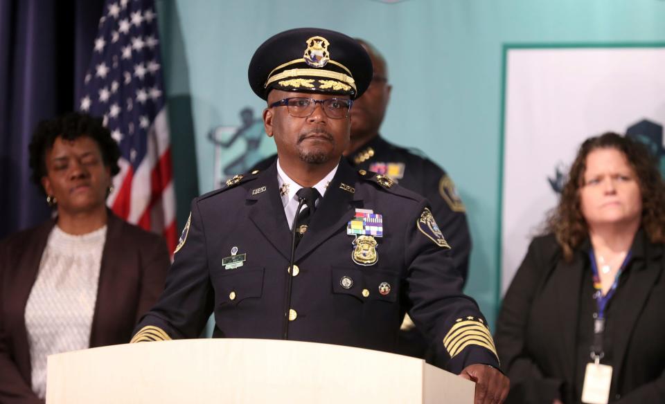 Detroit Police Chief James White provides an update at Detroit Public Safety Headquarters on Monday, May 15, 2023.