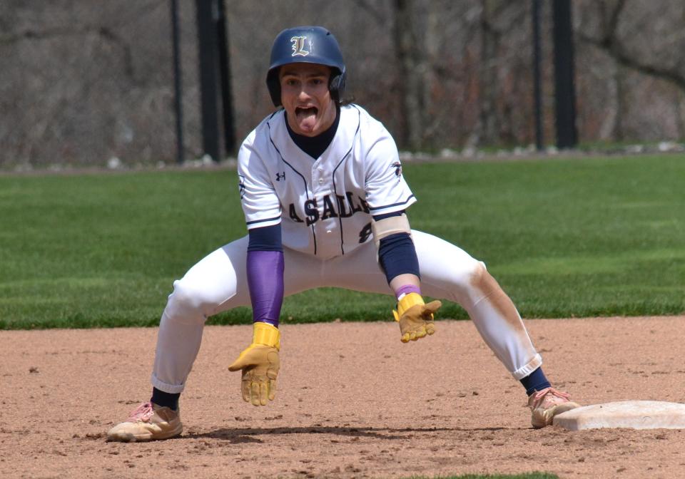 La Salle's David Vozzo celebrates getting a hit against Haverford School.