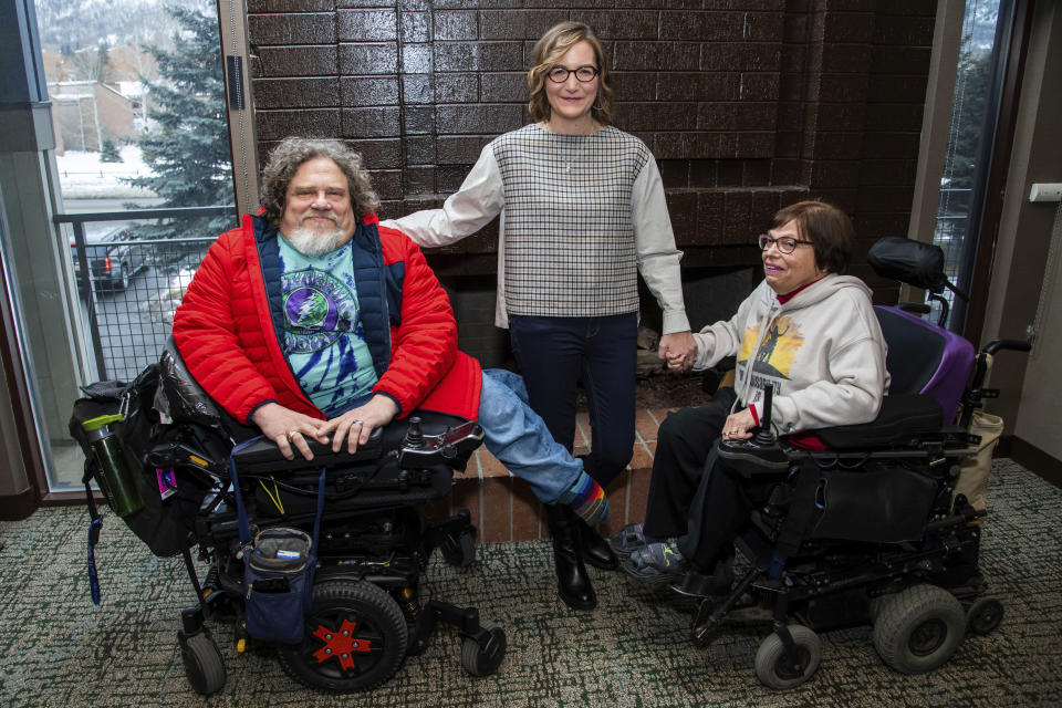 Co-directors Jim LeBrecht, left, and Nicole Newnham join one of the subjects, Judith Heumann, from the documentary "Crip Camp" to pose for a portrait during the 2020 Sundance Film Festival on Friday, Jan. 24, 2020, in Park City, Utah. (Photo by Charles Sykes/Invision/AP)