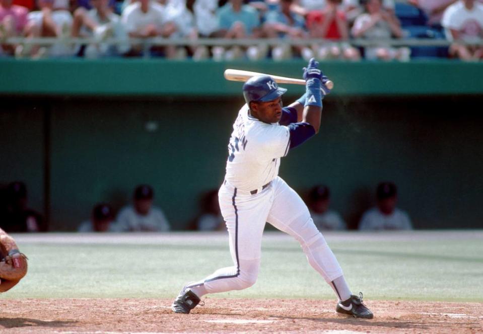 FILE PHOTO: Bo Jackson of the Kansas City Royals during the 1990 season at Royals Stadium in Kansas City.