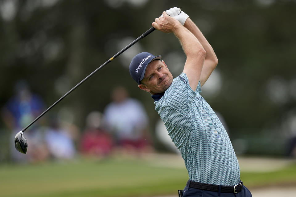 Justin Rose, of England, tees off on the third hole during the second round of the Masters golf tournament on Friday, April 9, 2021, in Augusta, Ga. (AP Photo/David J. Phillip)