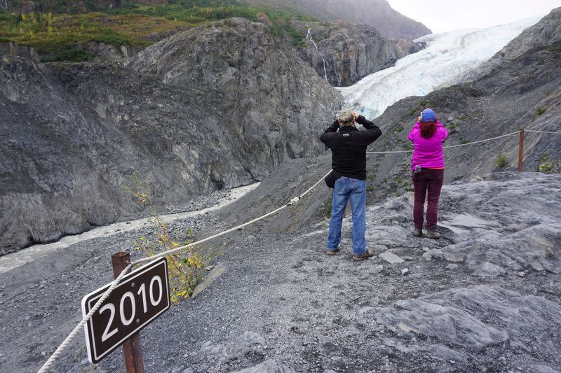 A sign marks where the end of the Exit glacier was in 2010