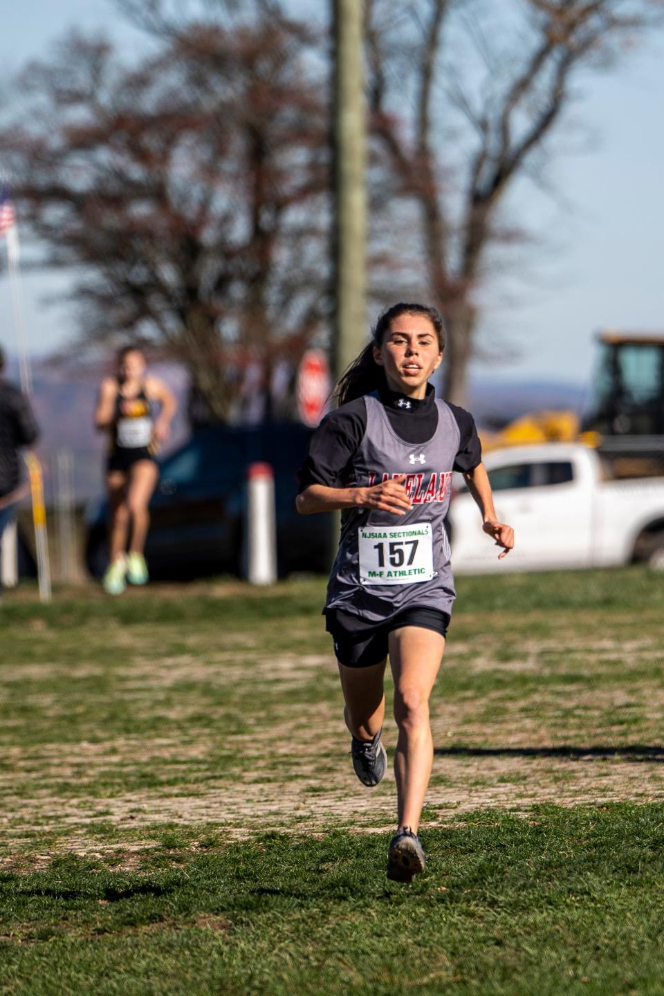 The State Sectional Cross-Country championships are held in Woodland Park, NJ on Saturday October 29, 2022.  Morgan Uhlhorn with Lakeland Regional High School comes in first in the group two girls race. 