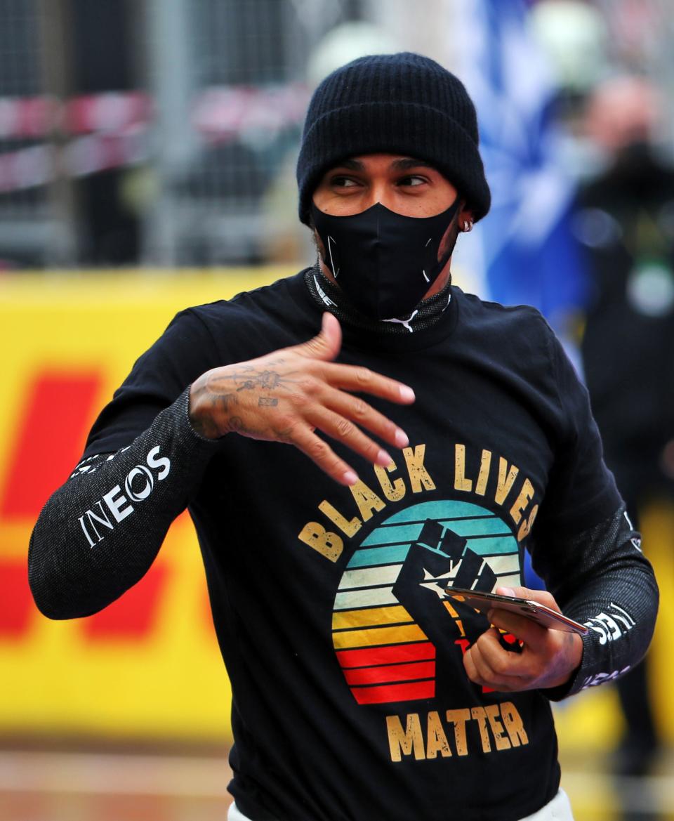 <p>Lewis Hamilton in a Black Lives Matter tshirt</p>PA