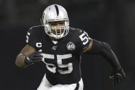 FILE - In this Sept. 9, 2019, file photo, Oakland Raiders linebacker Vontaze Burfict (55) runs to help make the stop on a rushing play during an NFL football game, in Oakland, Calif. Burfict has been suspended for the rest of the season for a helmet-to-helmet hit on Indianapolis Colts tight end Jack Doyle, on Sunday, Sept. 29, 2019. NFL Vice President of football operations Jon Runyan announced the suspension Monday.(AP Photo/Peter Joneleit, FIle)