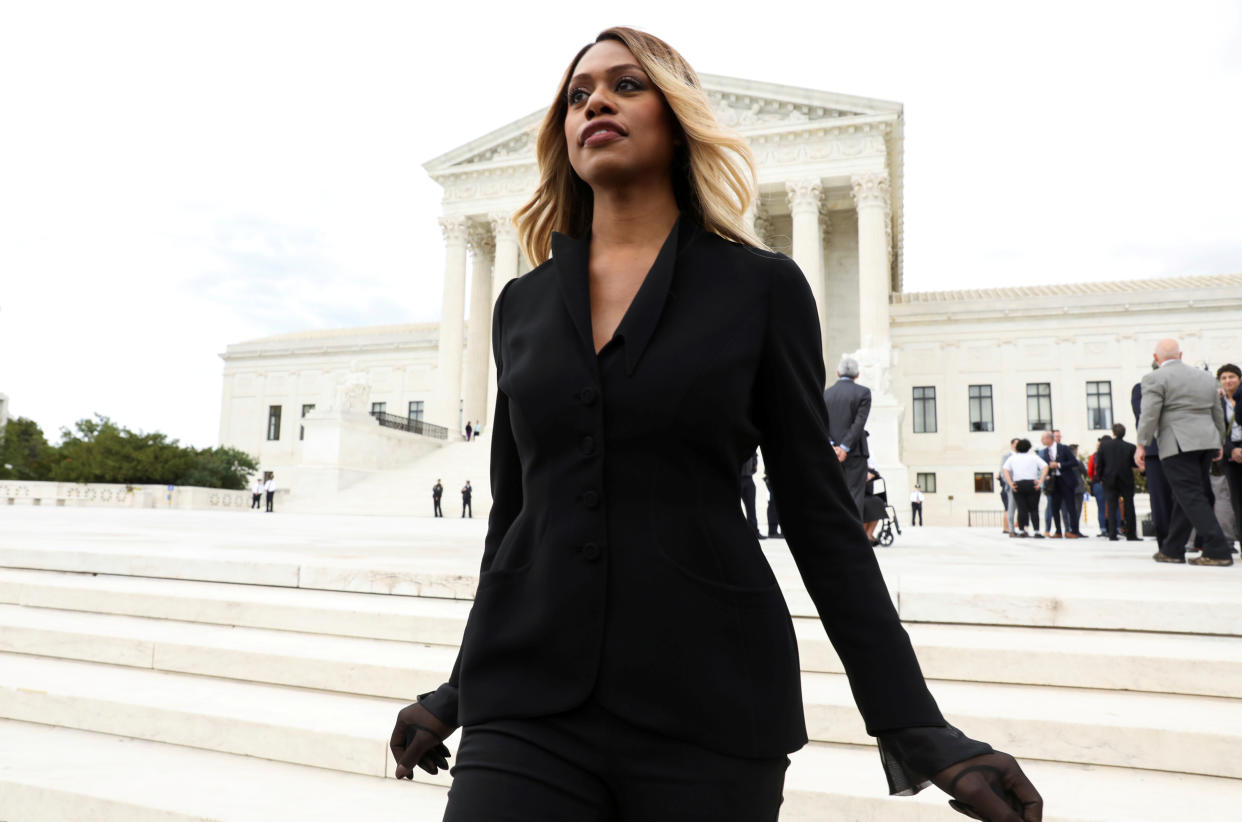 Actress and transgender rights advocate Laverne Cox exits the U.S. Supreme Court after the court held oral arguments in the transgender rights case 