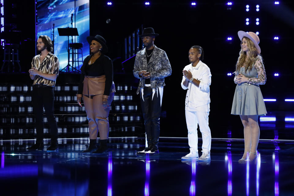 Team Jonas's Andrew Marshall, Dana Monique, Devan Blake Jones, José Figueroa Jr., and Rachel Mac (Photo: Trae Patton/NBC/NBCU Photo Bank via Getty Images)