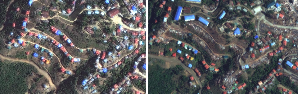 This combination of two satellite images provided by Maxar Technologies shows a comparison view of Jan. 6, 2018, left, and Dec. 18, 2021, right, before and after of the fires that recently burned numerous homes and structures in the town of Thantlang, Myanmar. More than 580 buildings have been burned since September, according to satellite image analysis by Maxar Technologies. (Satellite image ©2021 Maxar Technologies via AP)