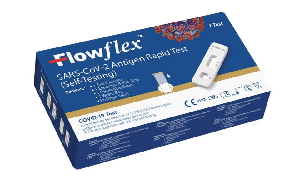 Flowflex antigen rapid test (ART) kits available at NTUC FairPrice outlets. (PHOTO: NTUC FairPrice/Screenshot)