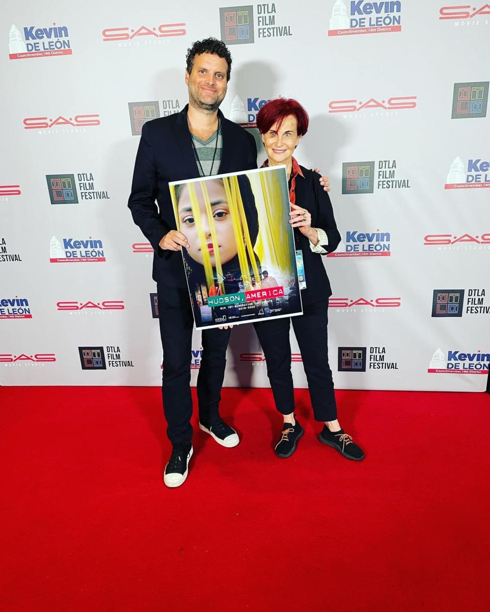 From left, Geoffrey Hug and Zuzka Kurtz at the Downtown Los Angeles Film Festival Premiere of "Hudson, America" in 2022.