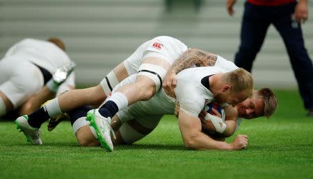 Britain Rugby Union - England Training - Pennyhill Park Hotel, Bagshot, Surrey - 27/5/16 Matt Kvesic and Teimana Harrison of England during training Action Images via Reuters / Andrew Couldridge