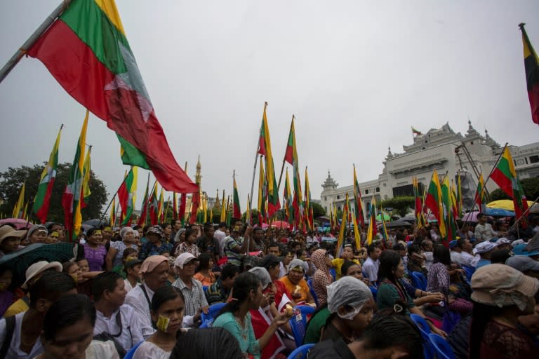 On Monday several hundred people gathered in downtown Yangon to rail against the UN, international NGOs and foreign media, as a siege mentality grows inside Myanmar. 