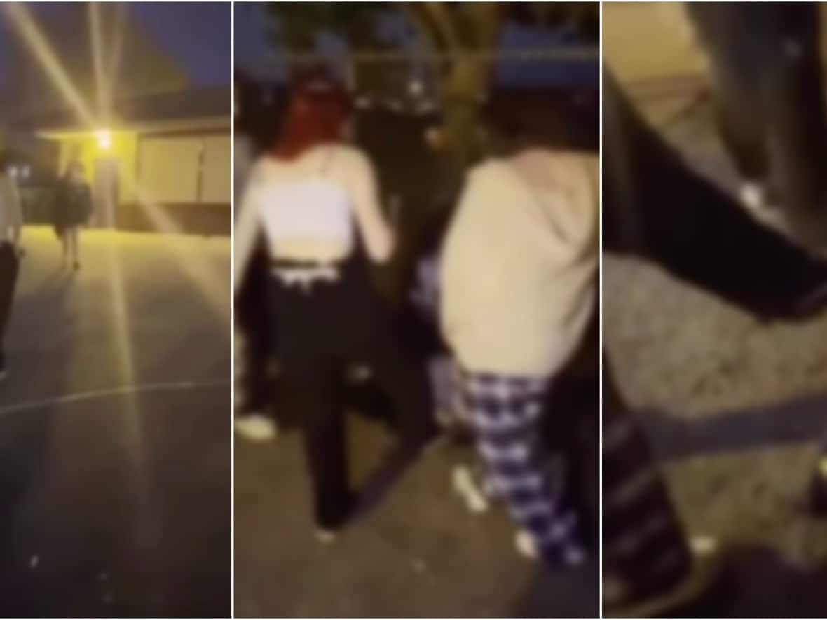 Blurred images taken from a video posted online show an attack against a teen in Surrey on May 7. A group of girls chased and cornered the victim against a fence at Hillcrest Elementary School. (Facebook - image credit)