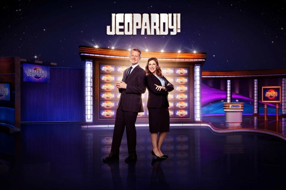 Ken Jennings and Mayim Bialik are the co-hosts of "Jeopardy!" in this promotional image released in 2022.