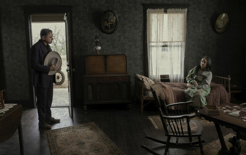 This image released by Apple TV shows Leonardo DiCaprio, left, and Tantoo Cardinal in a scene from "Killers of the Flower Moon." (Melinda Sue Gordon/Apple TV+ via AP)