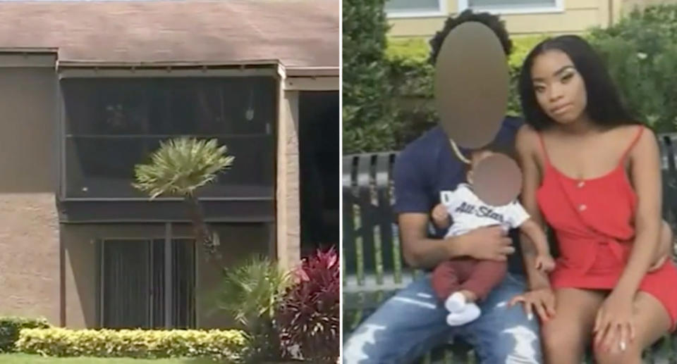  Shamaya Lynn pictured with her toddler and the exterior of her apartment. 