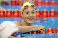 Australia's Stephanie Rice smiles after she competed in the semi-final of the women's 200-metre individual medley swimming event in the FINA World Championships at the indoor stadium of the Oriental Sports Center, in Shanghai, on July 24, 2011. (FRANCOIS XAVIER MARIT/AFP/Getty Images)