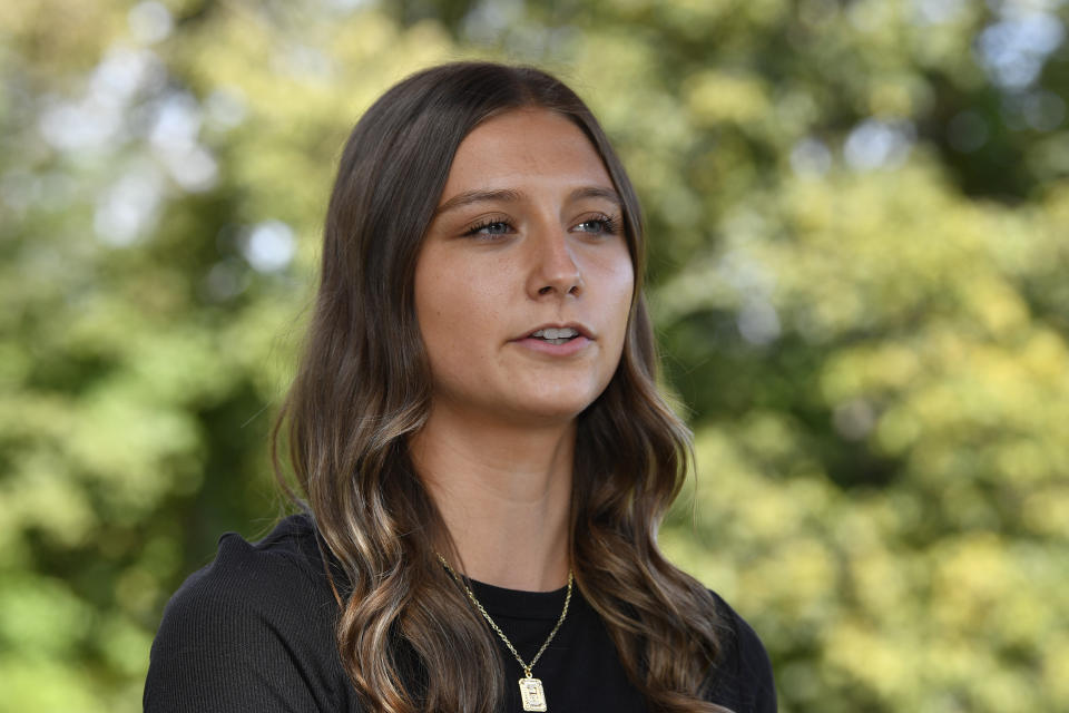 Hadley Duvall answers questions from a reporter during an interview in Versailles, Ky., Wednesday, Sept. 20, 2023. Duvall is featured in a campaign ad attacking Republican Daniel Cameron's long-held position on the abortion issue. (AP Photo/Timothy D. Easley)