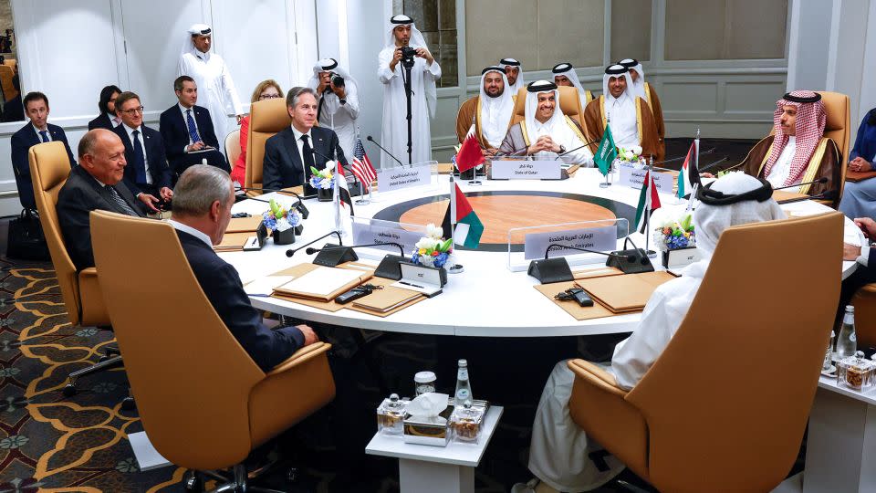 US Secretary of State Antony Blinken attends the US-Arab Quint Meeting with representatives from Egypt, Jordan, Saudi Arabia, Qatar, the United Arab Emirates and the Palestinian Authority, at the Four Seasons Hotel in Riyadh, Saudi Arabia on April 29. - Evelyn Hockstein/Reuters