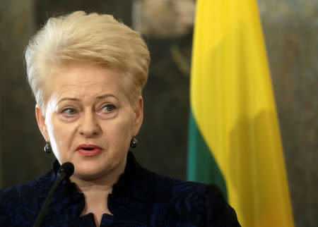 President of Lithuania Dalia Grybauskaite speaks during a news conference in Riga, Latvia February 9, 2017. REUTERS/Ints Kalnins