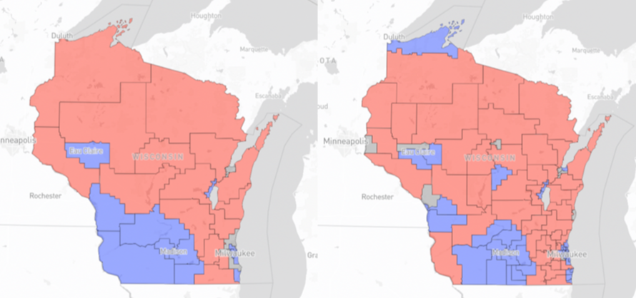 The new legislative maps show the Senate (left) and Assembly districts, with Republican-leaning districts in red, Democratic-leaning districts in blue and competitive districts (within 5%) in gray.