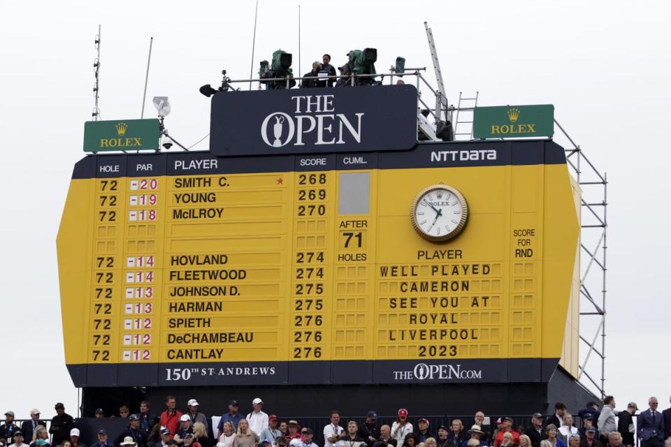A view of the scoreboard with Australia’s Cameron Smith top after winning the Open at the St Andrews (David Davies/PA) (PA Wire)