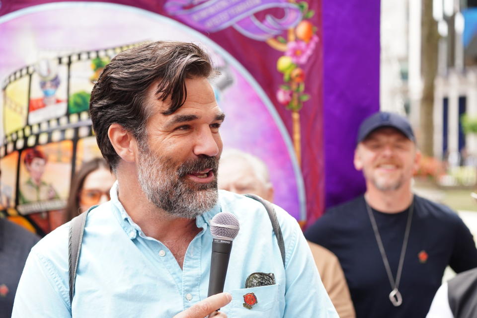 Rob Delaney takes part in a protest by members of the British actors union Equity in Leicester Square, London, in solidarity with striking Hollywood members of the Screen Actors Guild - American Federation of Television and Radio Artists (Sag-Aftra). Picture date: Friday July 21, 2023. (Photo by Ian West/PA Images via Getty Images)