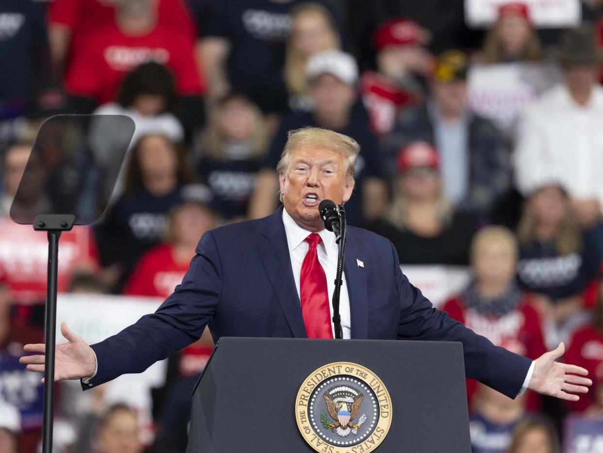 US president Donald Trump speaks during a campaign rally on 10 December at the Giant Center in Hershey, Pennsylvania: Lev Radin/Anadolu Agency/Getty