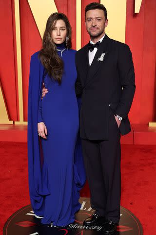 <p>Jamie McCarthy/WireImage</p> Jessica Biel and Justin Timberlake at the Vanity Fair Oscar Party on March 10, 2024