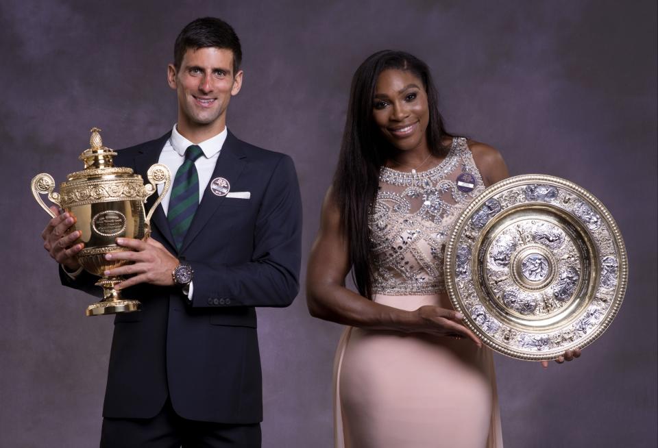 LONDON, ENGLAND - JULY 12:  (EDITORIAL USE ONLY - NO COMMERCIAL USEAGE)  (IMAGE IS A DIGITAL COMPOSITE OF TWO PHOTOGRAPHS) Serena Williams of the United States and Novak Djokovic of Serbia pose at the Champions Dinner at the Guild Hall on day thirteen of the Wimbledon Lawn Tennis Championships at the All England Lawn Tennis and Croquet Club on July 12, 2015 in London, England.  (Photo by Thomas Lovelock - AELTC Pool/Getty Images)