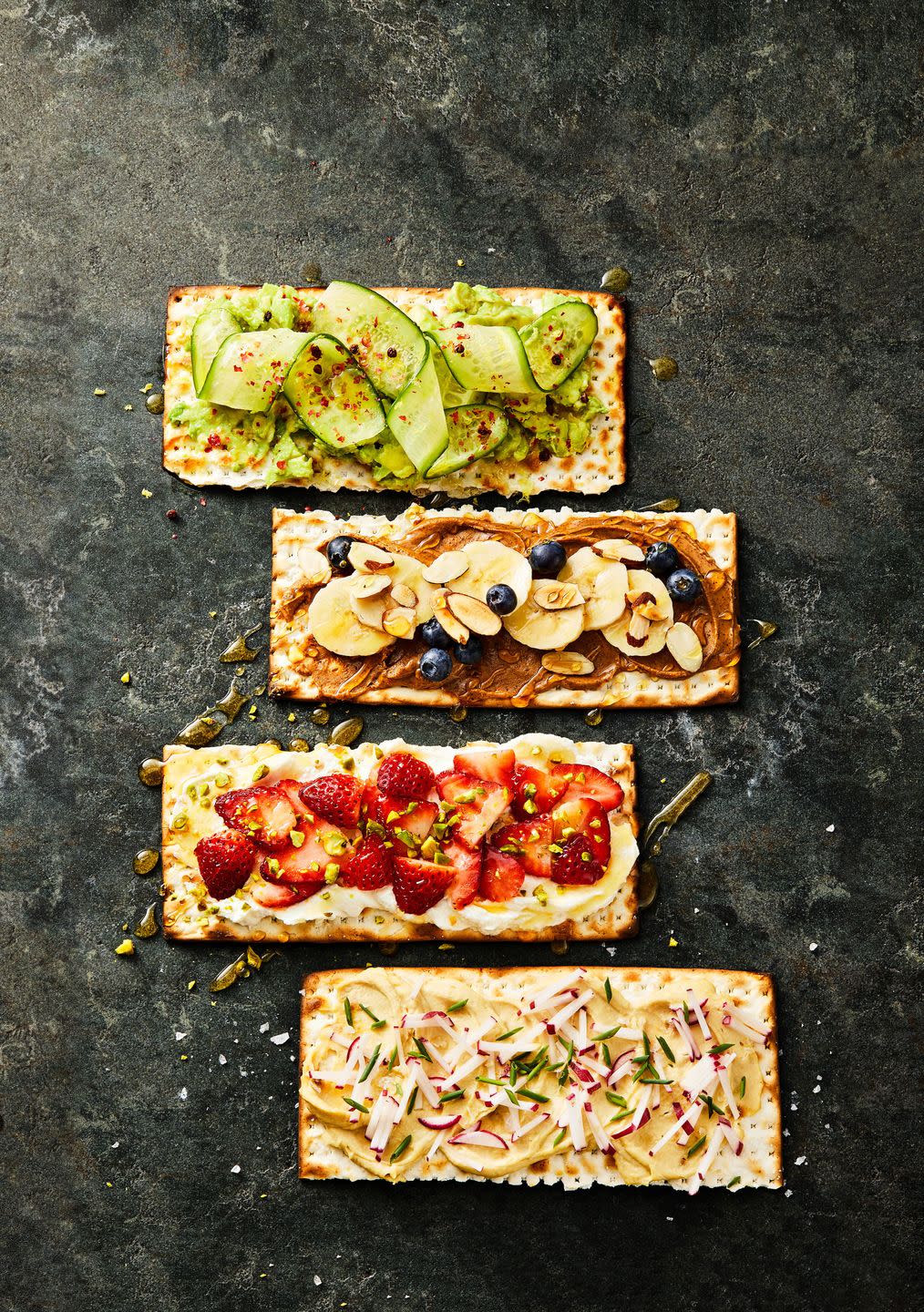 matzo toasts with cucumber, bananas, strawberries, and radish