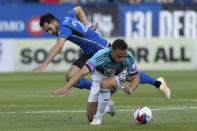 Minnesota United midfielder Hassani Dotson, right, falls to the ground after a tackle by CF Montreal midfielder Mathieu Choiniere, left, during first-half MLS soccer match action in Montreal, Saturday, June 10, 2023. (Evan Buhler/The Canadian Press via AP)