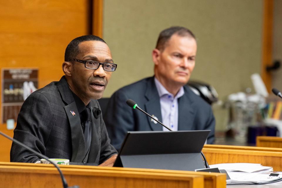 Irwin Brown, chair of Salem's 18-member Citizen Budget Committee tasked with recommending a budget for city council approval, speaks Wednesday during the first meeting on the proposed FY 2025 budget.