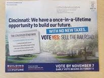 Voters in Cincinnati have received this campaign mailer encouraging them to vote yes on Nov. 7 for the proposed sale of the city-owned railroad to Norfolk Southern Corp.