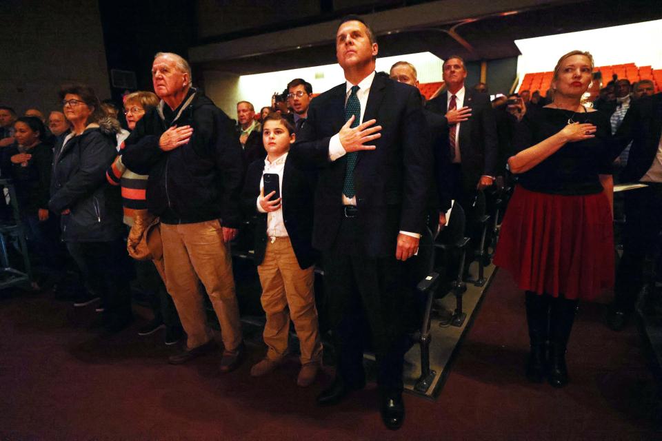 Mayor Robert Sullivan, right, son Will, father Robert and mother Susan during his State of the City address at the Nelson Auditorium on the campus of Brockton High School on Thursday, March 16, 2023.