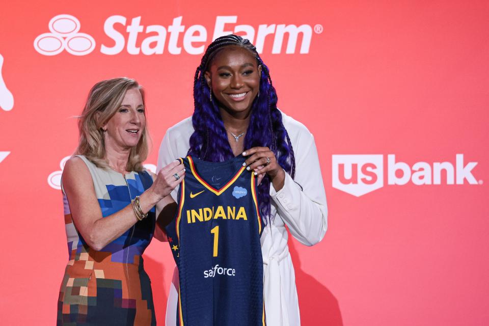 Apr 10, 2023; New York, NY, USA; Aliyah Boston poses for a photo with WNBA Commissioner Cathy Engelbert after being drafted first overall by the Indiana Fever during WNBA Draft 2023 at Spring Studio.