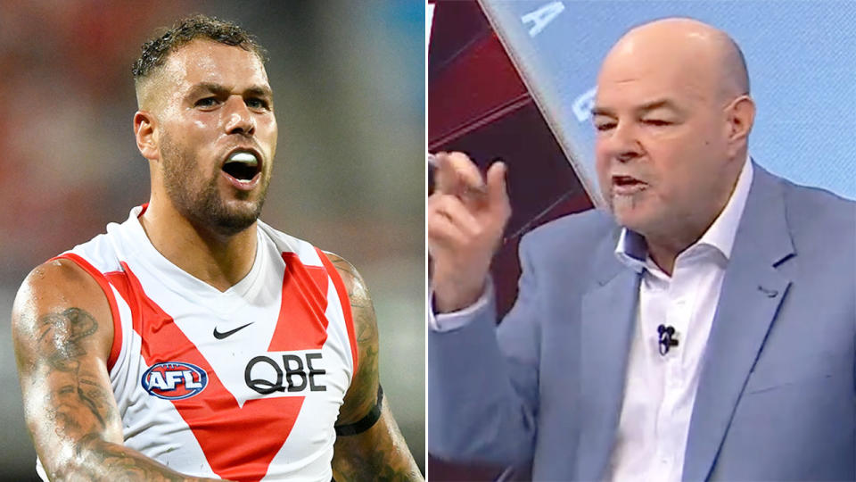 Pictured right to left, AFL 360 co-host Mark Robinson and Sydney Swans star Buddy Franklin.