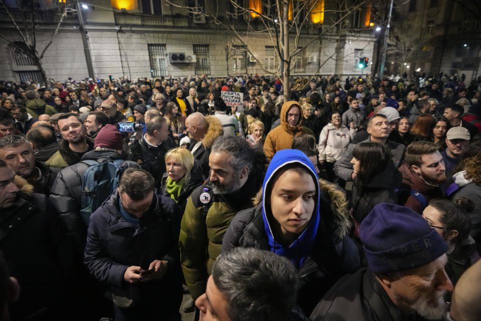 Opposition supporters take to the streets protesting in Belgrade, Serbia, Monday, Dec. 18, 2023. An early official vote count of Serbia's weekend election on Monday confirmed victory for the ruling populist party in a parliamentary vote in the Balkan country, but political tensions rose over reported irregularities in the capital, Belgrade. (AP Photo/Darko Vojinovic)