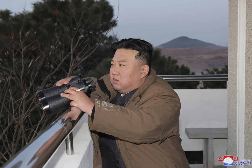 In this photo provided by the North Korean government, North Korean leader Kim Jong Un watches what it says is an intercontinental ballistic missile the country test-launched at the Sunan international airport in Pyongyang, North Korea, Thursday, March 16, 2023. Independent journalists were not given access to cover the event depicted in this image distributed by the North Korean government. The content of this image is as provided and cannot be independently verified. Korean language watermark on image as provided by source reads: "KCNA" which is the abbreviation for Korean Central News Agency. (Korean Central News Agency/Korea News Service via AP)