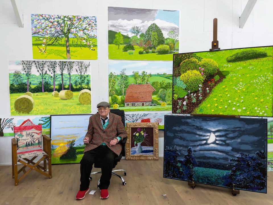 <p>David Hockney  in his Normandy studio earlier this year with his latest iPad landscapes that are going on show at the RA next week </p> (© David Hockney)